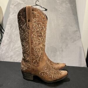 Lane Boots Womens Size 6 Brown Embroidered Studded Western Tall Snip Toe Cowboy
